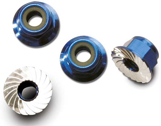 Nuts, aluminum, flanged, serrated (4mm) (blue-anodized) (4)